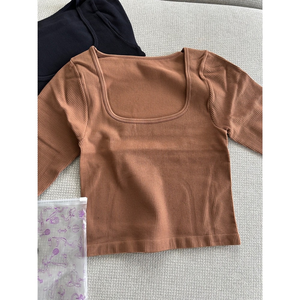 OQQ Crop Top Square Neck Long Sleeve Ribbed Stretch 2 Set - Picture 2 of 6